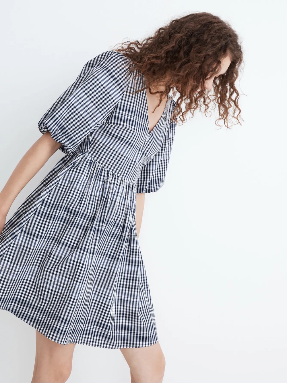 MADEWELL Poplin V-Neck Bubble-Sleeve Mini Dress in Plaid Size 8 Coastal Summer